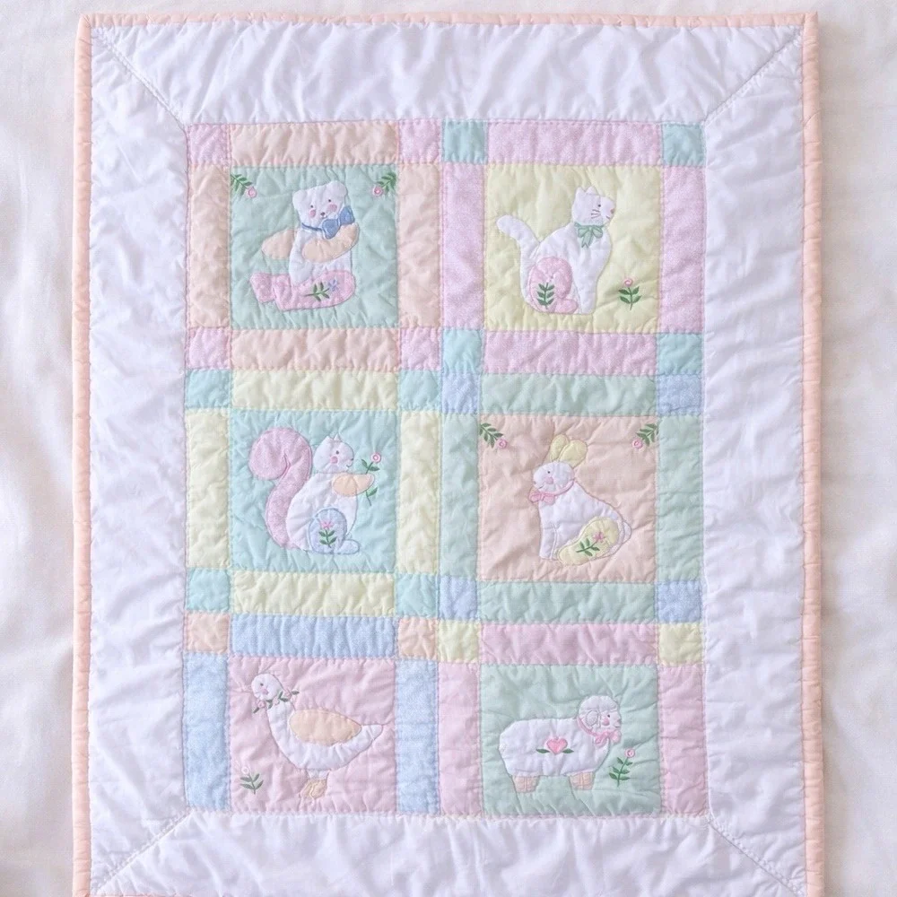 VTG House of Hatten Pastel Baby Quilt Blanket Animals 46x35 Nursery EUC